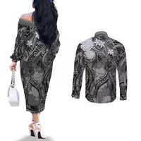 Pacific Beauty Girl Couples Matching Off The Shoulder Long Sleeve Dress and Long Sleeve Button Shirt Black Polyneisan Tribal Vintage Motif LT9 - Polynesian Pride