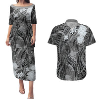 Pacific Beauty Girl Couples Matching Puletasi and Hawaiian Shirt Black Polyneisan Tribal Vintage Motif