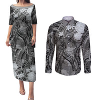Pacific Beauty Girl Couples Matching Puletasi and Long Sleeve Button Shirt Black Polyneisan Tribal Vintage Motif