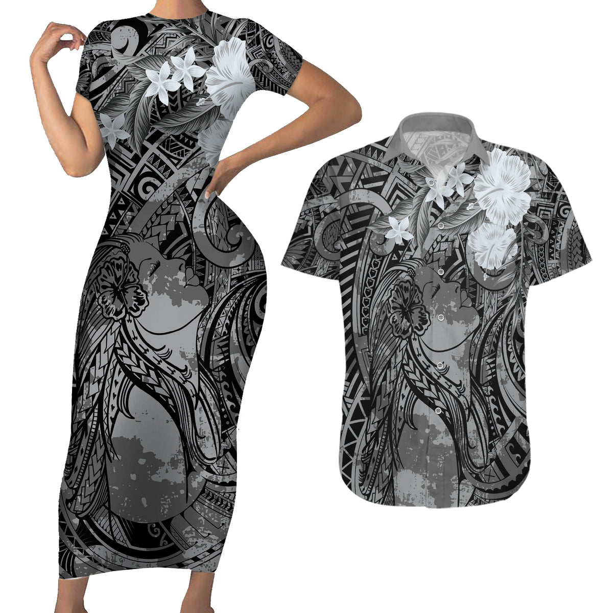 Pacific Beauty Girl Couples Matching Short Sleeve Bodycon Dress and Hawaiian Shirt Black Polyneisan Tribal Vintage Motif LT9 Black - Polynesian Pride