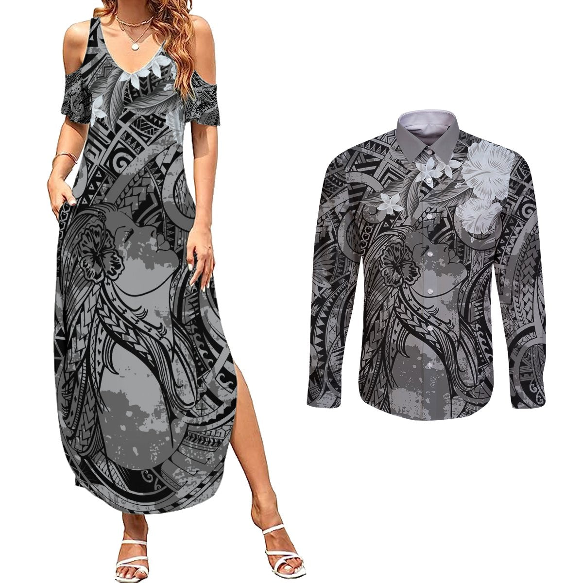 Pacific Beauty Girl Couples Matching Summer Maxi Dress and Long Sleeve Button Shirt Black Polyneisan Tribal Vintage Motif