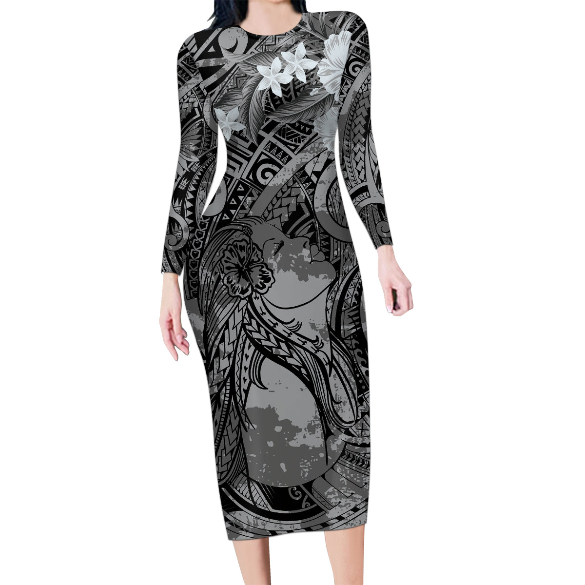 Pacific Beauty Girl Family Matching Long Sleeve Bodycon Dress and Hawaiian Shirt Black Polyneisan Tribal Vintage Motif LT9 Mom's Dress Black - Polynesian Pride