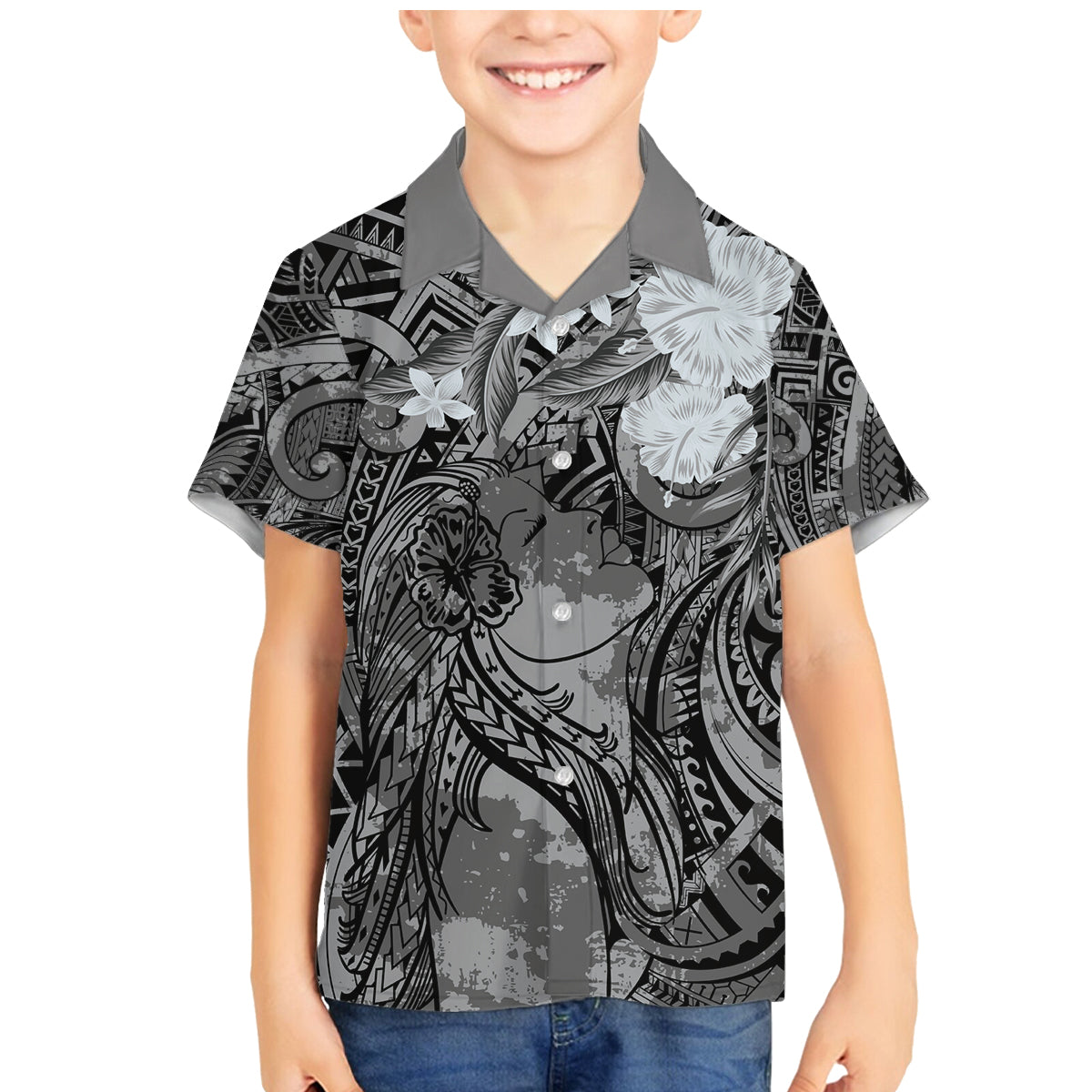 Pacific Beauty Girl Family Matching Mermaid Dress and Hawaiian Shirt Black Polyneisan Tribal Vintage Motif LT9 Son's Shirt Black - Polynesian Pride