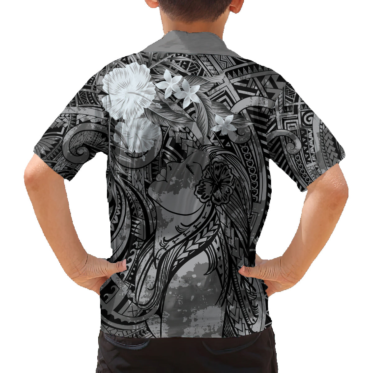 Pacific Beauty Girl Family Matching Off The Shoulder Long Sleeve Dress and Hawaiian Shirt Black Polyneisan Tribal Vintage Motif LT9 - Polynesian Pride