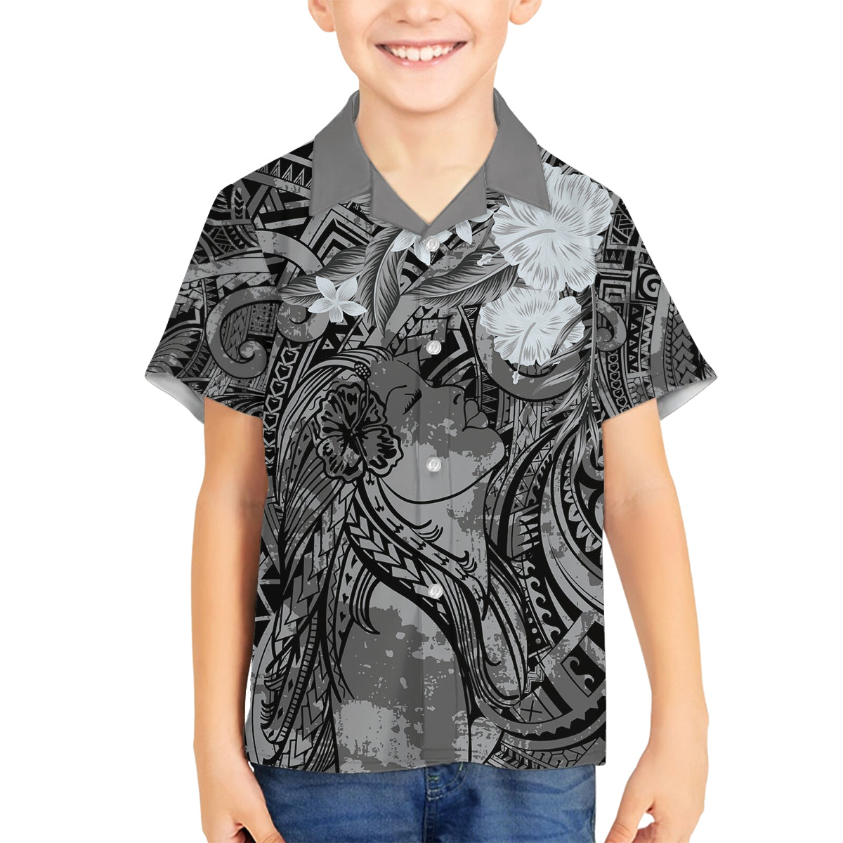 Pacific Beauty Girl Family Matching Off The Shoulder Long Sleeve Dress and Hawaiian Shirt Black Polyneisan Tribal Vintage Motif LT9 Son's Shirt Black - Polynesian Pride