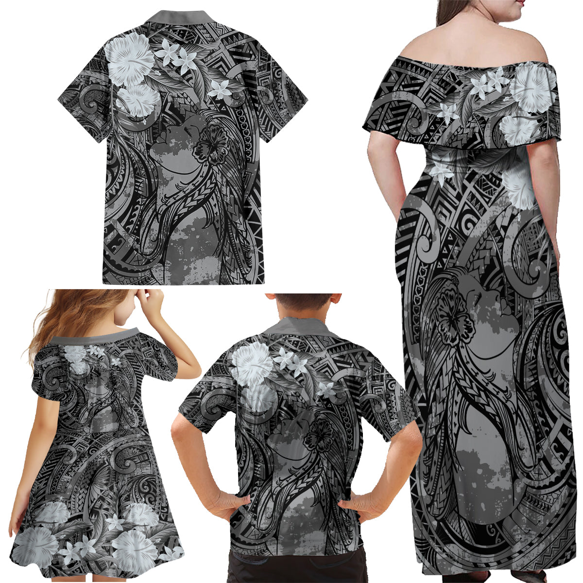 Pacific Beauty Girl Family Matching Off Shoulder Maxi Dress and Hawaiian Shirt Black Polyneisan Tribal Vintage Motif LT9 - Polynesian Pride