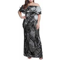 Pacific Beauty Girl Family Matching Off Shoulder Maxi Dress and Hawaiian Shirt Black Polyneisan Tribal Vintage Motif LT9 Mom's Dress Black - Polynesian Pride