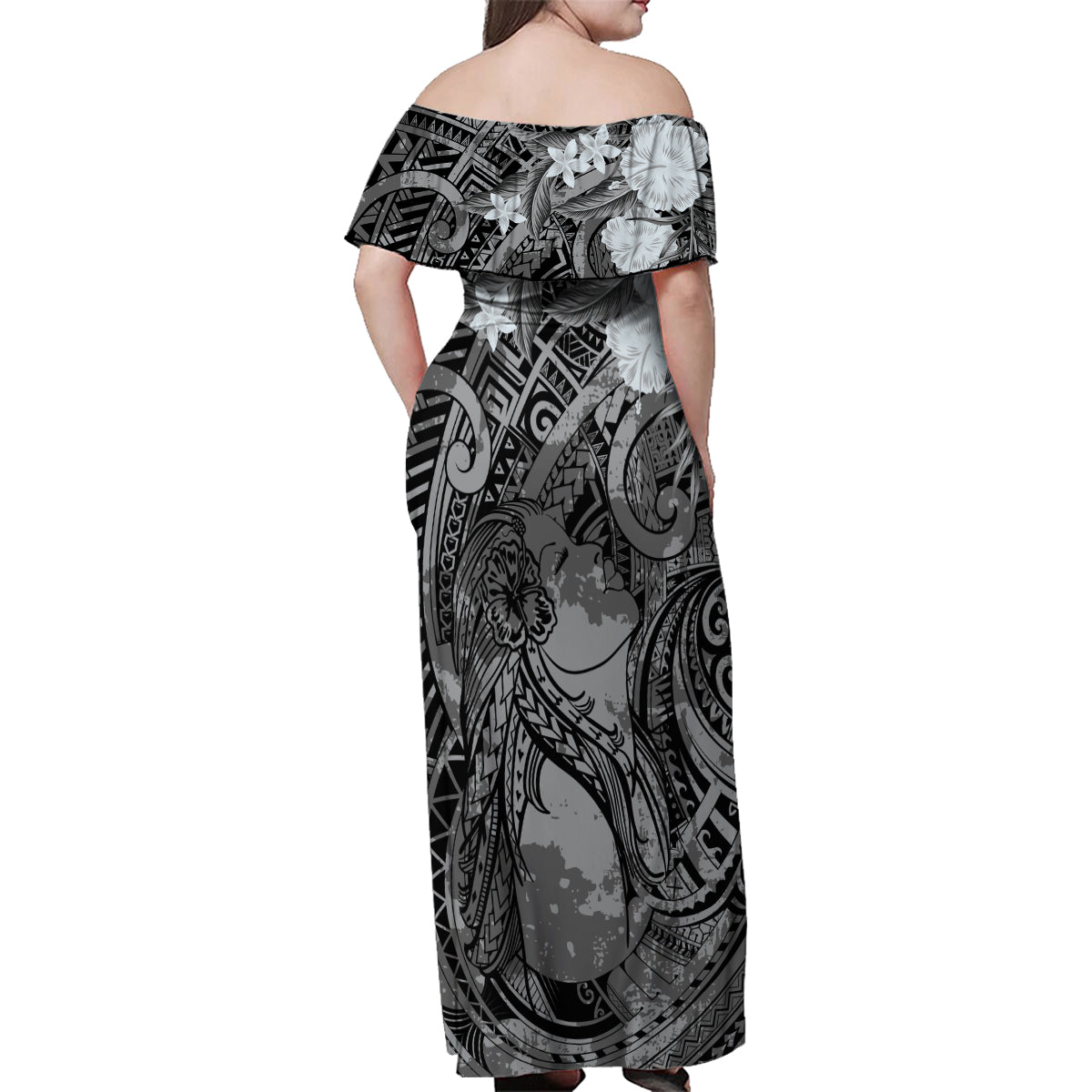 Pacific Beauty Girl Family Matching Off Shoulder Maxi Dress and Hawaiian Shirt Black Polyneisan Tribal Vintage Motif LT9 - Polynesian Pride