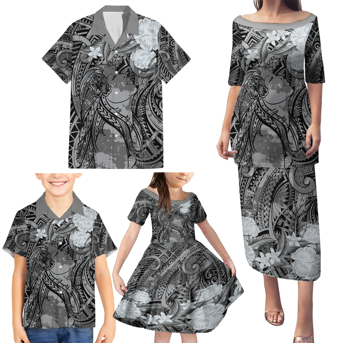 Pacific Beauty Girl Family Matching Puletasi and Hawaiian Shirt Black Polyneisan Tribal Vintage Motif LT9 - Polynesian Pride