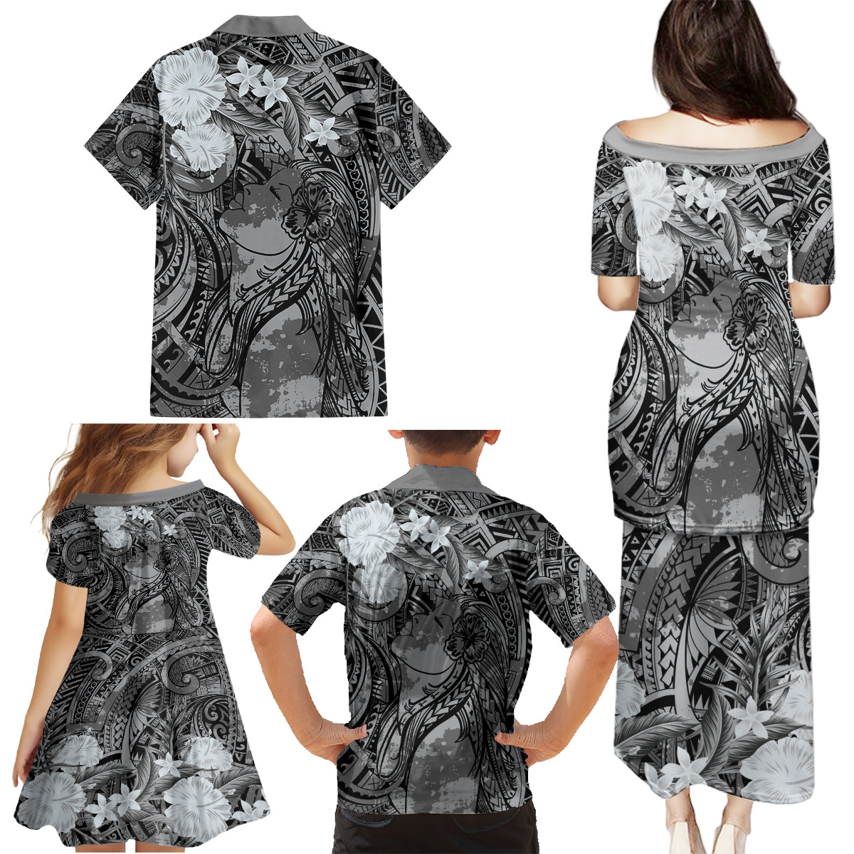 Pacific Beauty Girl Family Matching Puletasi and Hawaiian Shirt Black Polyneisan Tribal Vintage Motif LT9 - Polynesian Pride