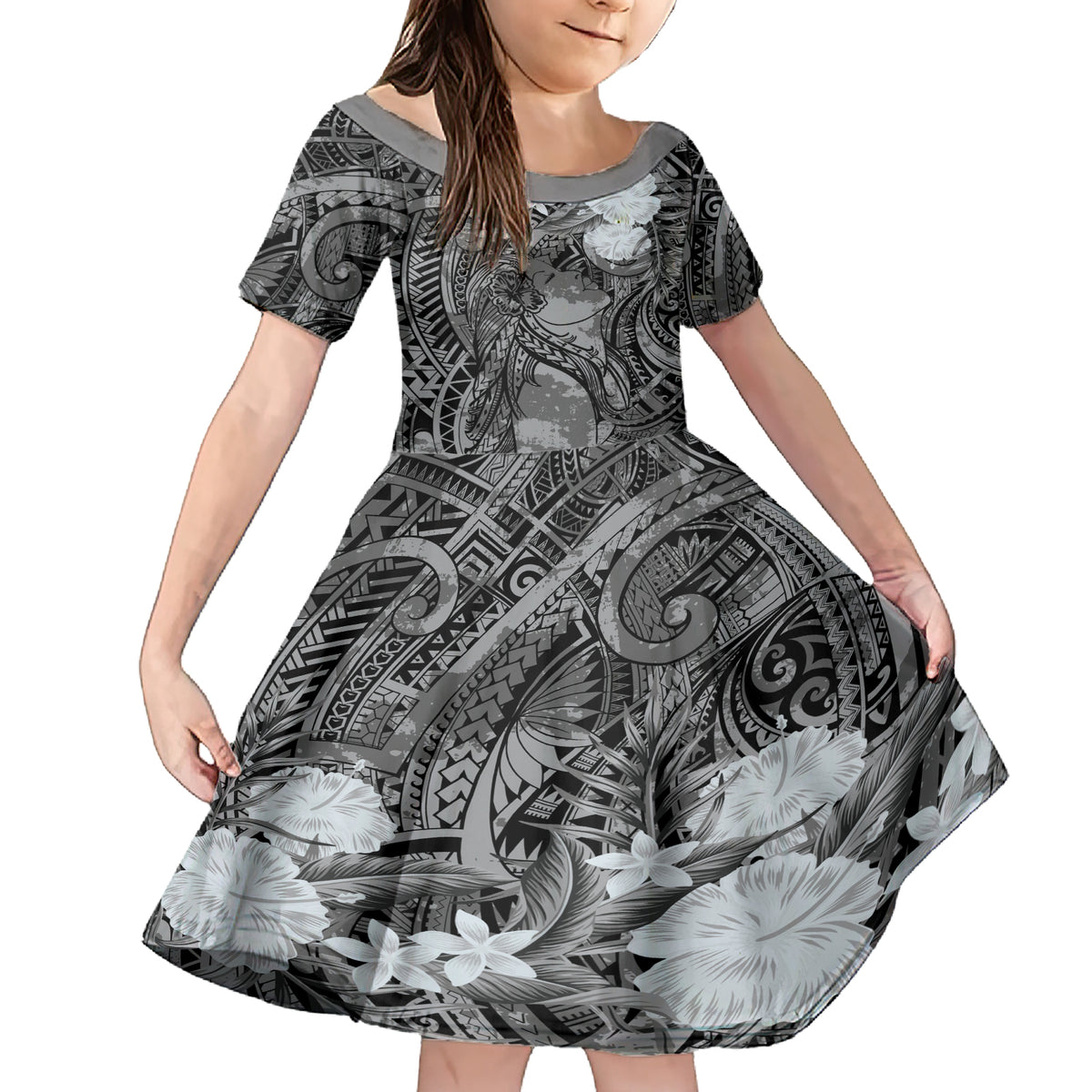 Pacific Beauty Girl Family Matching Short Sleeve Bodycon Dress and Hawaiian Shirt Black Polyneisan Tribal Vintage Motif LT9 Daughter's Dress Black - Polynesian Pride