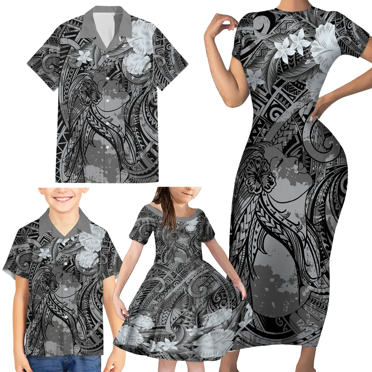 Pacific Beauty Girl Family Matching Short Sleeve Bodycon Dress and Hawaiian Shirt Black Polyneisan Tribal Vintage Motif LT9 - Polynesian Pride