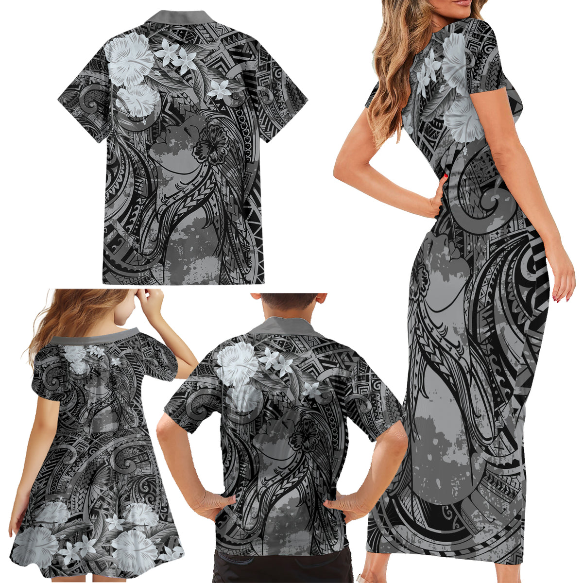 Pacific Beauty Girl Family Matching Short Sleeve Bodycon Dress and Hawaiian Shirt Black Polyneisan Tribal Vintage Motif LT9 - Polynesian Pride