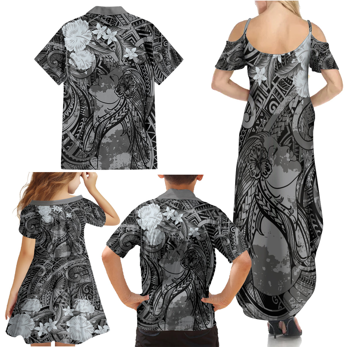 Pacific Beauty Girl Family Matching Summer Maxi Dress and Hawaiian Shirt Black Polyneisan Tribal Vintage Motif LT9 - Polynesian Pride