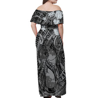 Pacific Beauty Girl Off Shoulder Maxi Dress Black Polyneisan Tribal Vintage Motif