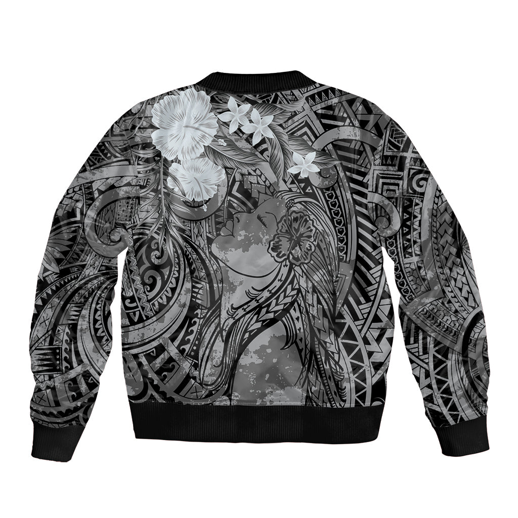 Pacific Beauty Girl Sleeve Zip Bomber Jacket Black Polyneisan Tribal Vintage Motif