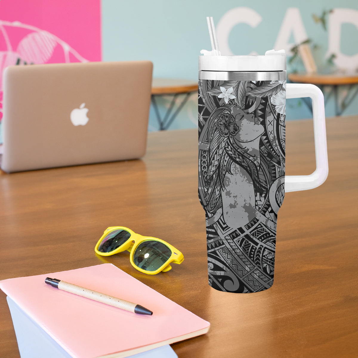 Pacific Beauty Girl Tumbler With Handle Black Polyneisan Tribal Vintage Motif