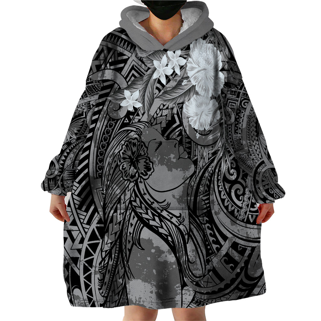 Pacific Beauty Girl Wearable Blanket Hoodie Black Polyneisan Tribal Vintage Motif