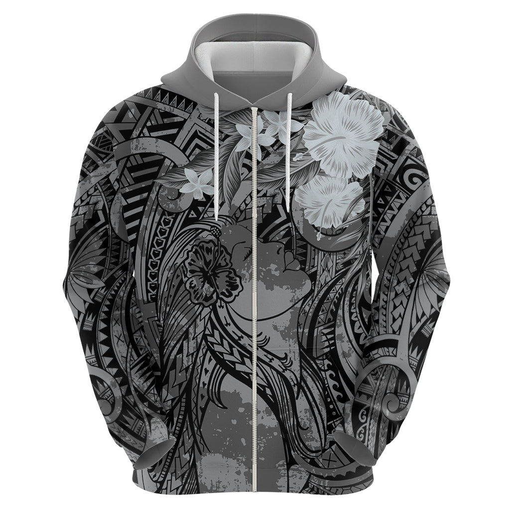 Pacific Beauty Girl Zip Hoodie Black Polyneisan Tribal Vintage Motif