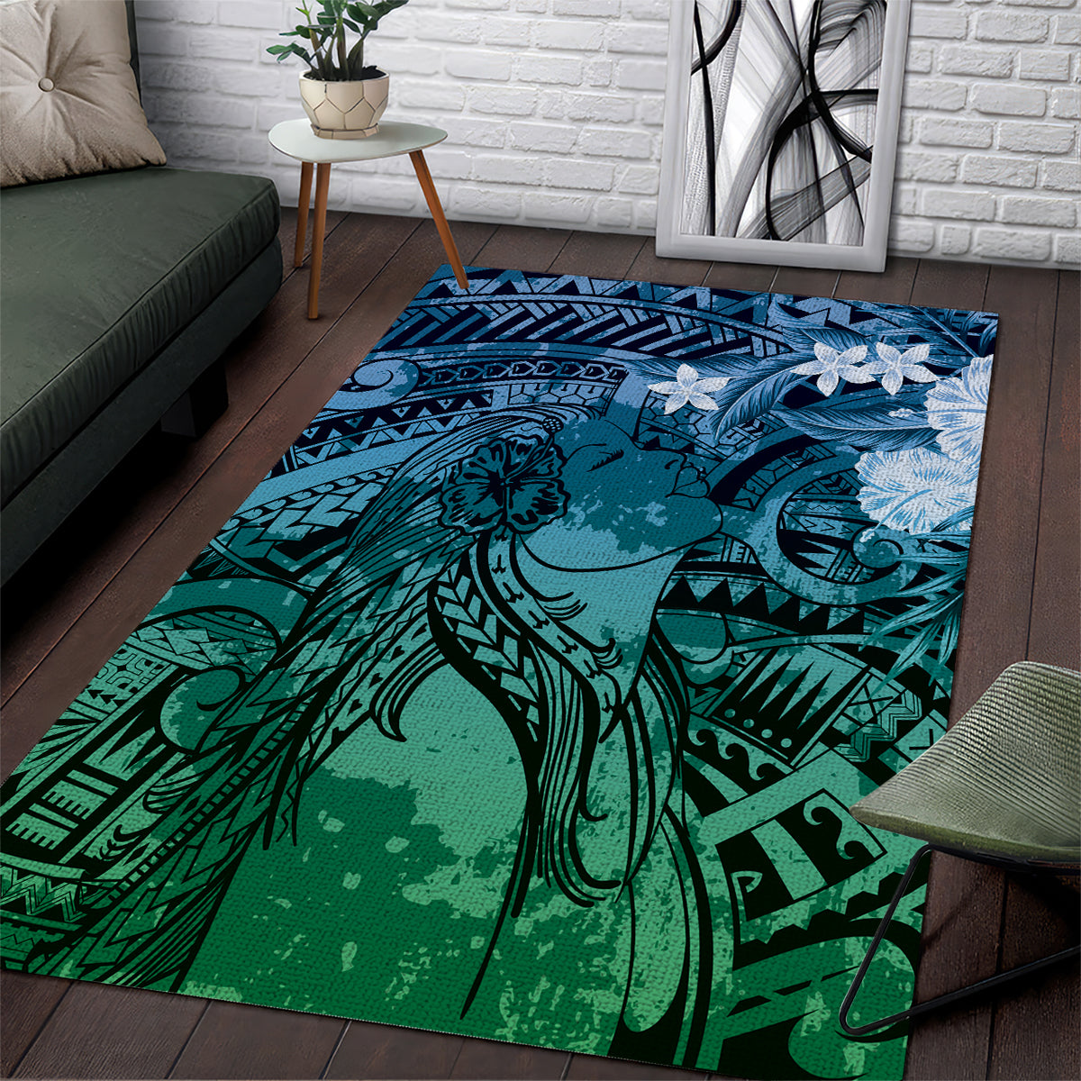 Pacific Beauty Girl Area Rug Blue Polyneisan Tribal Vintage Motif LT9 Blue - Polynesian Pride