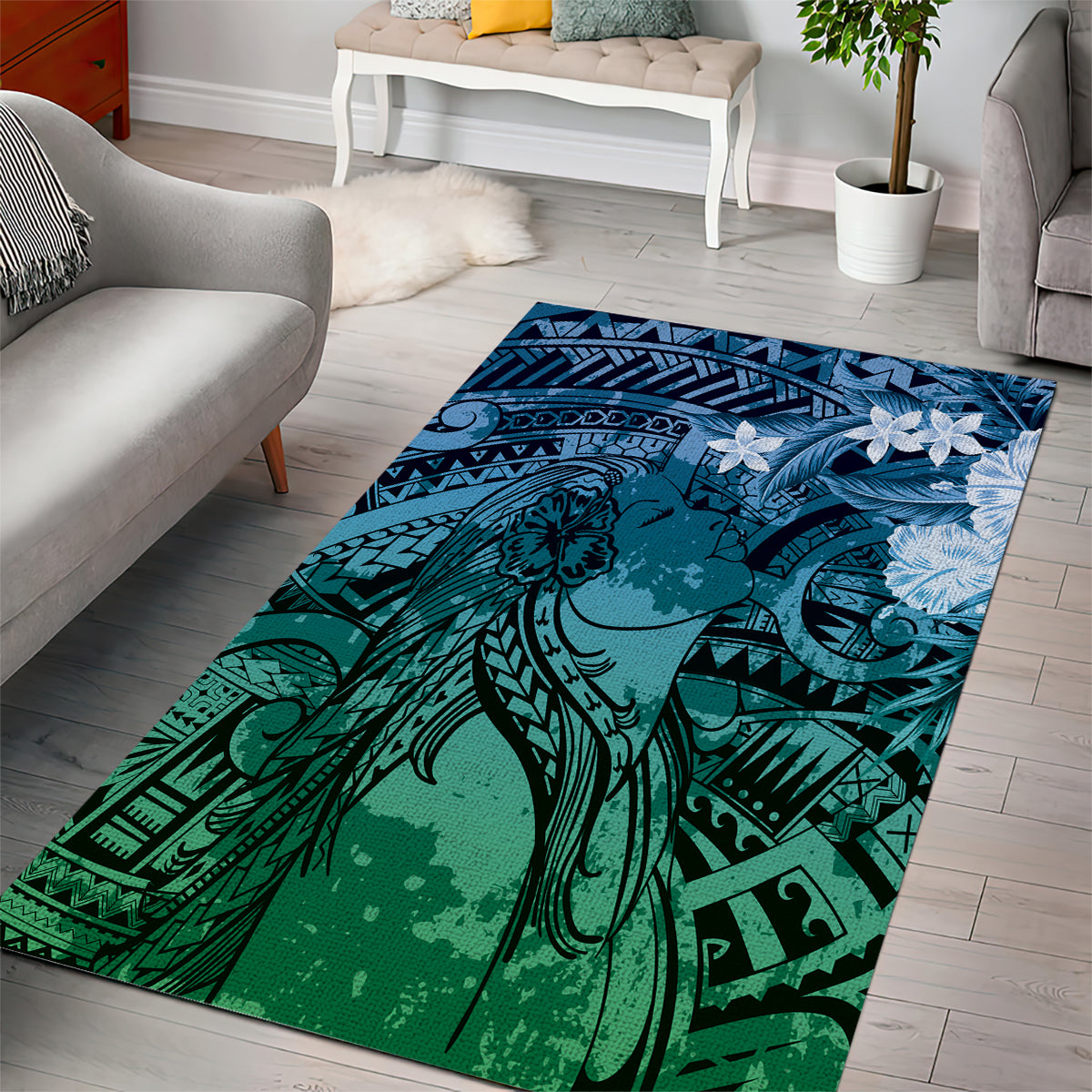 Pacific Beauty Girl Area Rug Blue Polyneisan Tribal Vintage Motif LT9 - Polynesian Pride