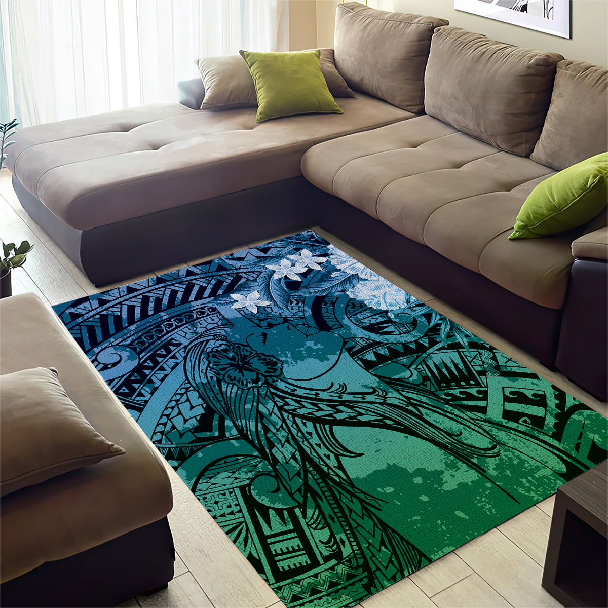 Pacific Beauty Girl Area Rug Blue Polyneisan Tribal Vintage Motif LT9 - Polynesian Pride