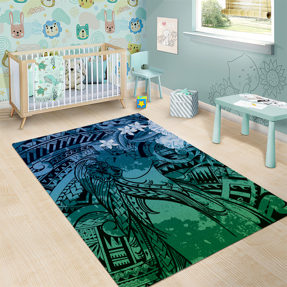Pacific Beauty Girl Area Rug Blue Polyneisan Tribal Vintage Motif LT9 - Polynesian Pride