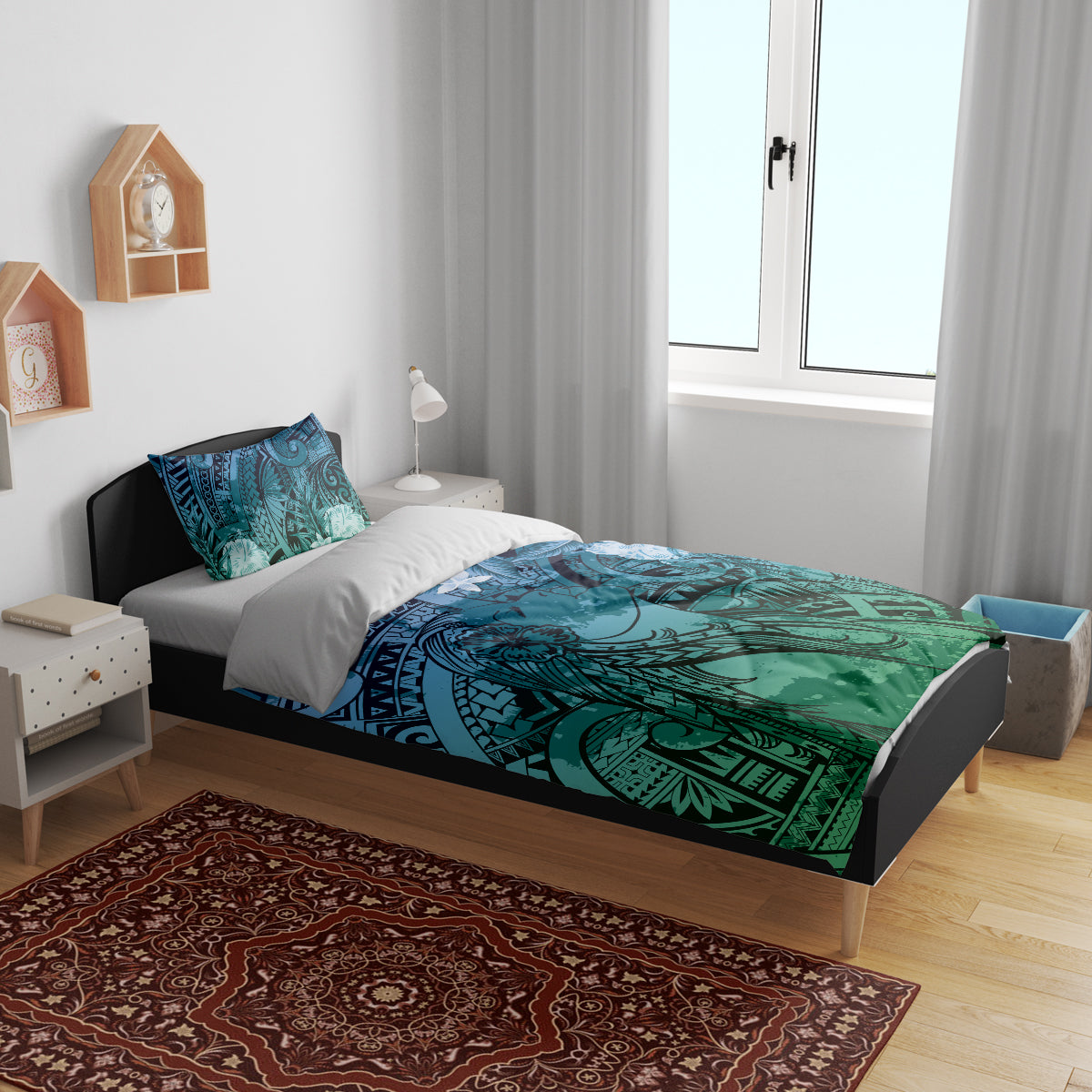 Pacific Beauty Girl Bedding Set Blue Polyneisan Tribal Vintage Motif