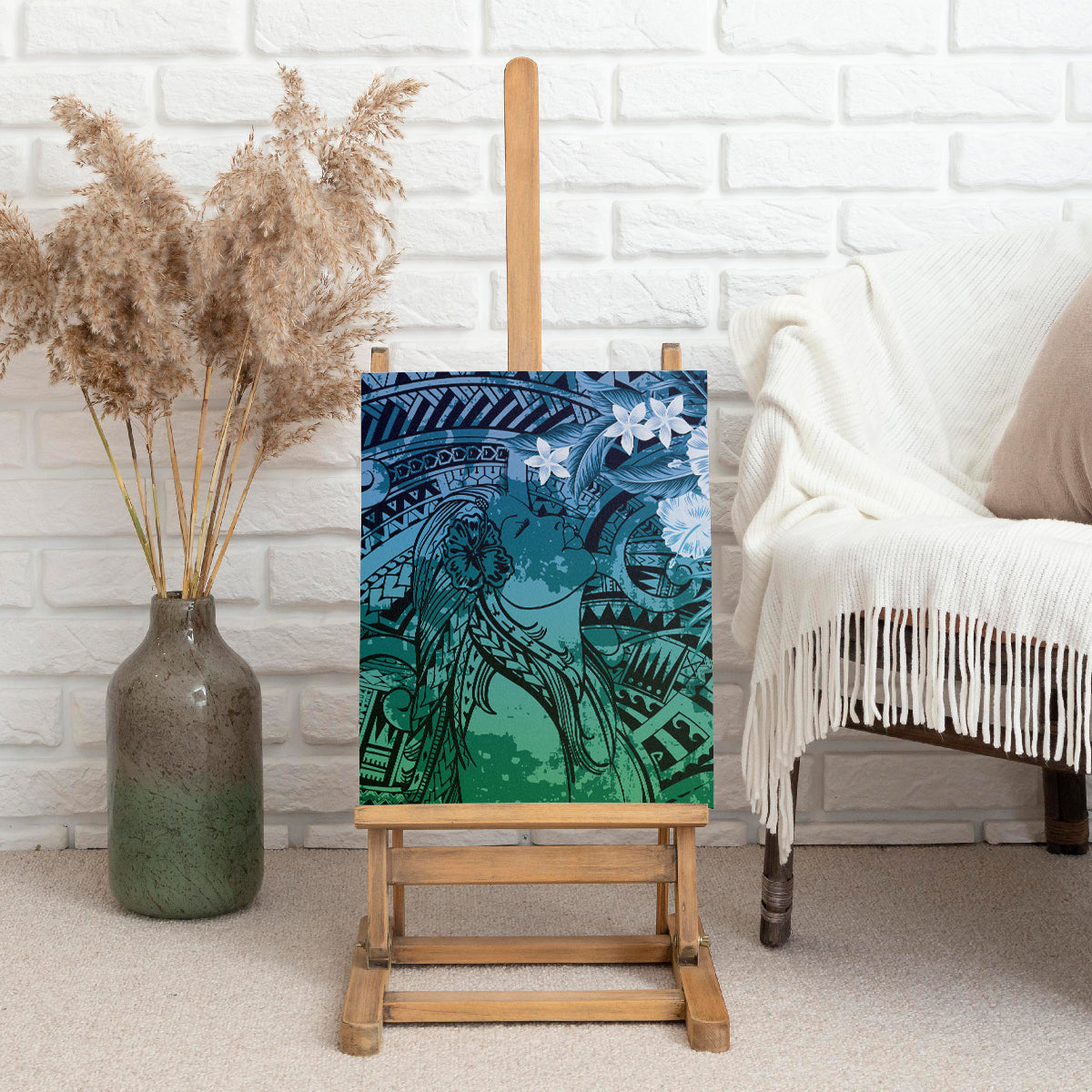 Pacific Beauty Girl Canvas Wall Art Blue Polyneisan Tribal Vintage Motif