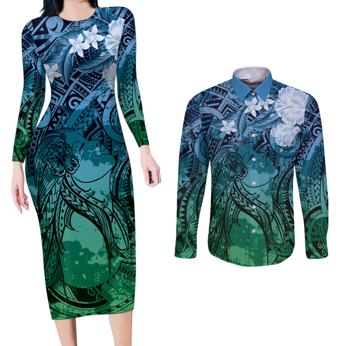 Pacific Beauty Girl Couples Matching Long Sleeve Bodycon Dress and Long Sleeve Button Shirt Blue Polyneisan Tribal Vintage Motif LT9 Blue - Polynesian Pride