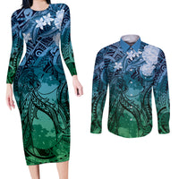 Pacific Beauty Girl Couples Matching Long Sleeve Bodycon Dress and Long Sleeve Button Shirt Blue Polyneisan Tribal Vintage Motif LT9 Blue - Polynesian Pride