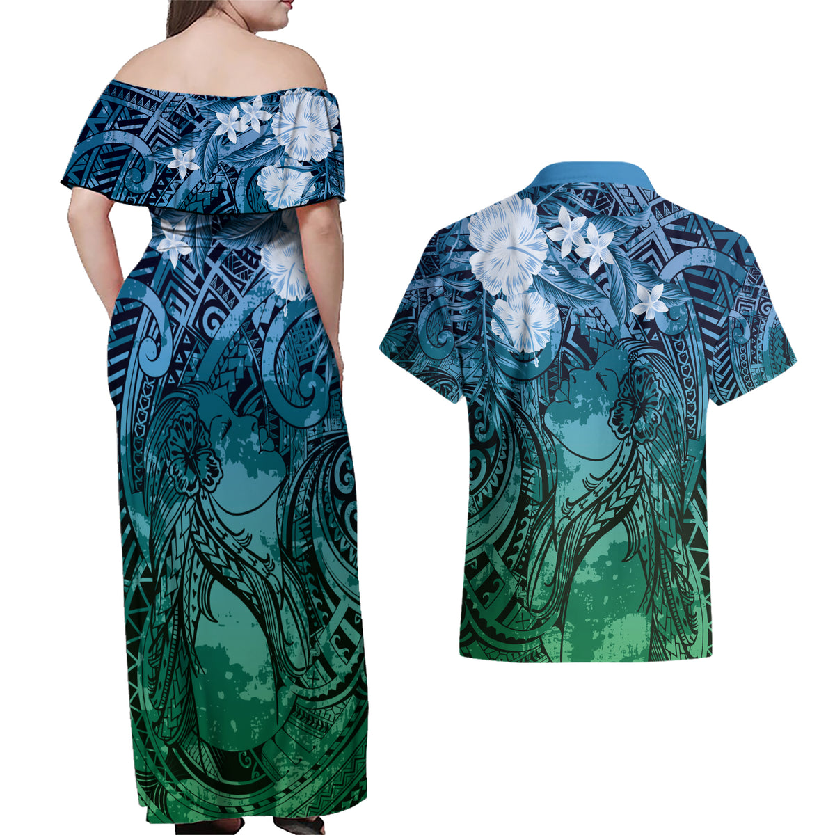Pacific Beauty Girl Couples Matching Off Shoulder Maxi Dress and Hawaiian Shirt Blue Polyneisan Tribal Vintage Motif LT9 - Polynesian Pride