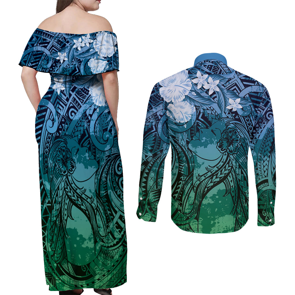 Pacific Beauty Girl Couples Matching Off Shoulder Maxi Dress and Long Sleeve Button Shirt Blue Polyneisan Tribal Vintage Motif