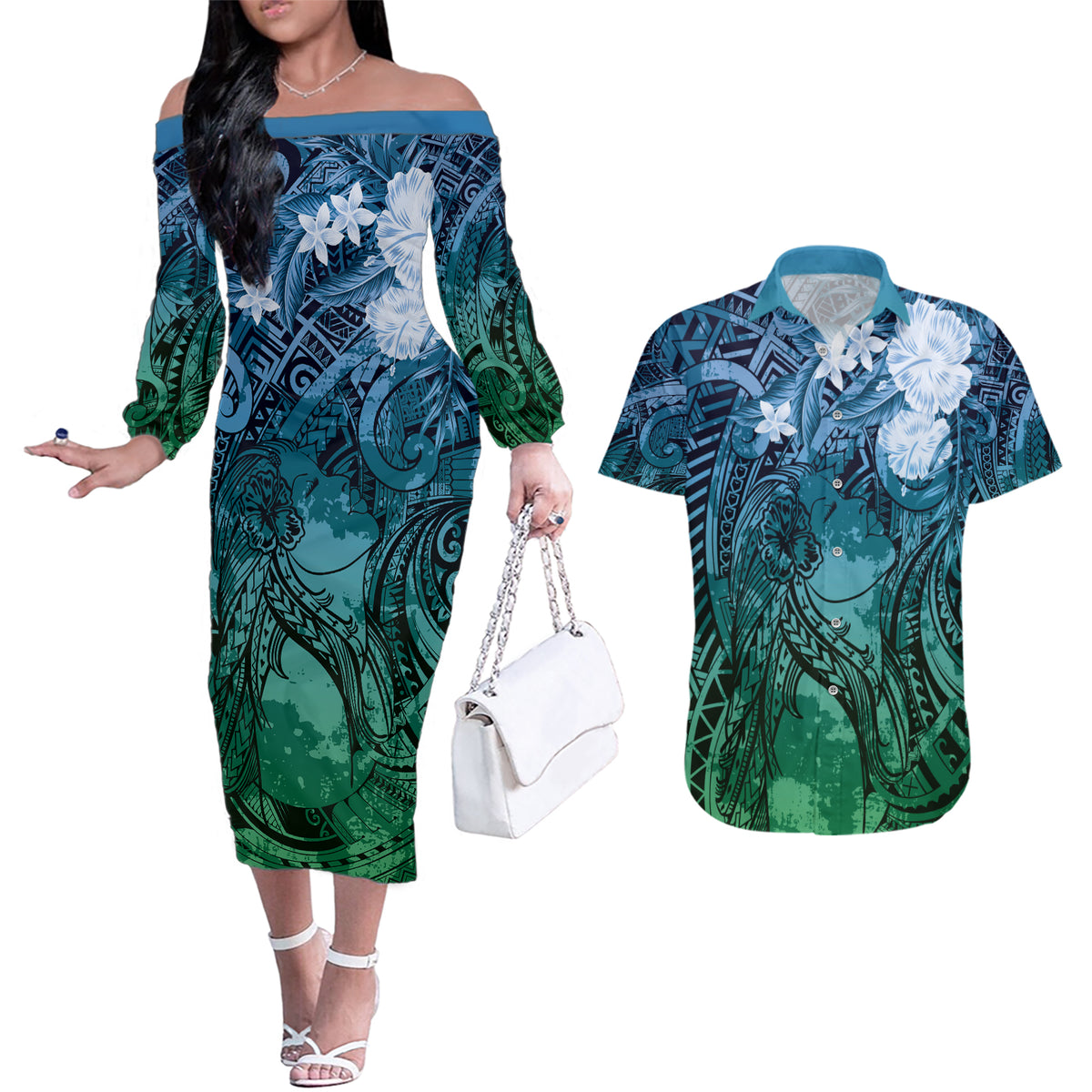 Pacific Beauty Girl Couples Matching Off The Shoulder Long Sleeve Dress and Hawaiian Shirt Blue Polyneisan Tribal Vintage Motif LT9 Blue - Polynesian Pride