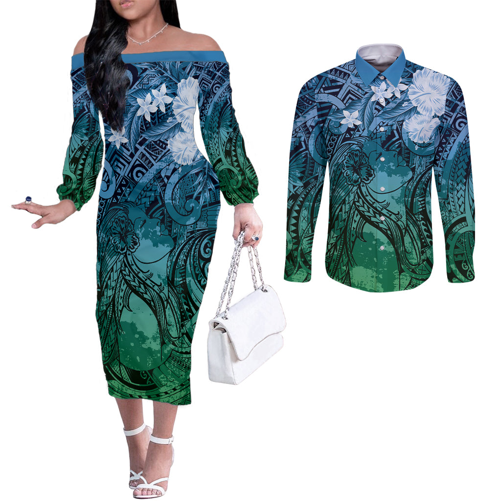 Pacific Beauty Girl Couples Matching Off The Shoulder Long Sleeve Dress and Long Sleeve Button Shirt Blue Polyneisan Tribal Vintage Motif LT9 Blue - Polynesian Pride