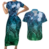 Pacific Beauty Girl Couples Matching Short Sleeve Bodycon Dress and Hawaiian Shirt Blue Polyneisan Tribal Vintage Motif LT9 Blue - Polynesian Pride