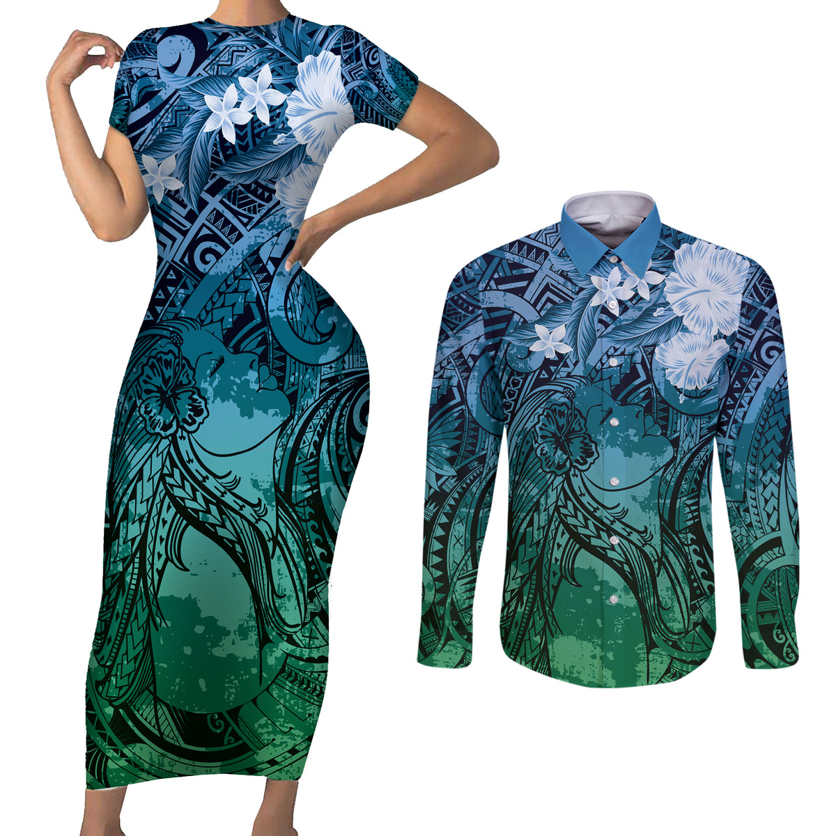 Pacific Beauty Girl Couples Matching Short Sleeve Bodycon Dress and Long Sleeve Button Shirt Blue Polyneisan Tribal Vintage Motif LT9 Blue - Polynesian Pride