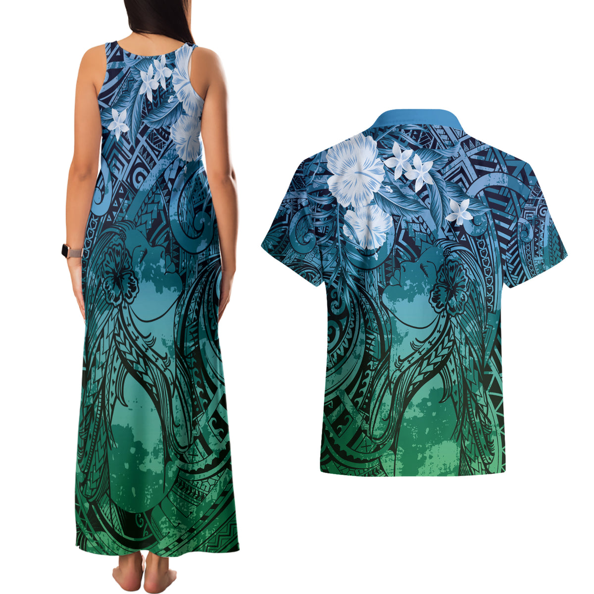 Pacific Beauty Girl Couples Matching Tank Maxi Dress and Hawaiian Shirt Blue Polyneisan Tribal Vintage Motif LT9 - Polynesian Pride