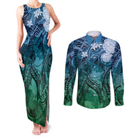 Pacific Beauty Girl Couples Matching Tank Maxi Dress and Long Sleeve Button Shirt Blue Polyneisan Tribal Vintage Motif LT9 Blue - Polynesian Pride