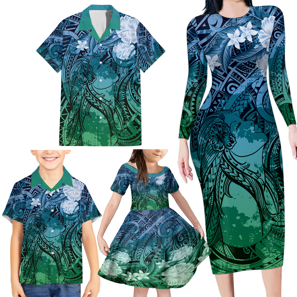 Pacific Beauty Girl Family Matching Long Sleeve Bodycon Dress and Hawaiian Shirt Blue Polyneisan Tribal Vintage Motif LT9 - Polynesian Pride