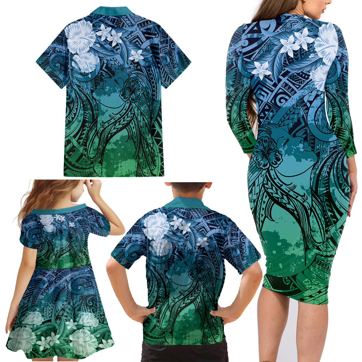 Pacific Beauty Girl Family Matching Long Sleeve Bodycon Dress and Hawaiian Shirt Blue Polyneisan Tribal Vintage Motif LT9 - Polynesian Pride
