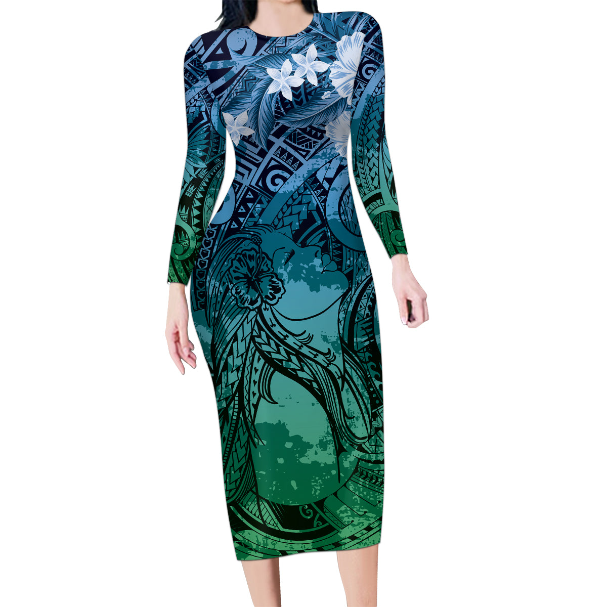 Pacific Beauty Girl Family Matching Long Sleeve Bodycon Dress and Hawaiian Shirt Blue Polyneisan Tribal Vintage Motif LT9 Mom's Dress Blue - Polynesian Pride