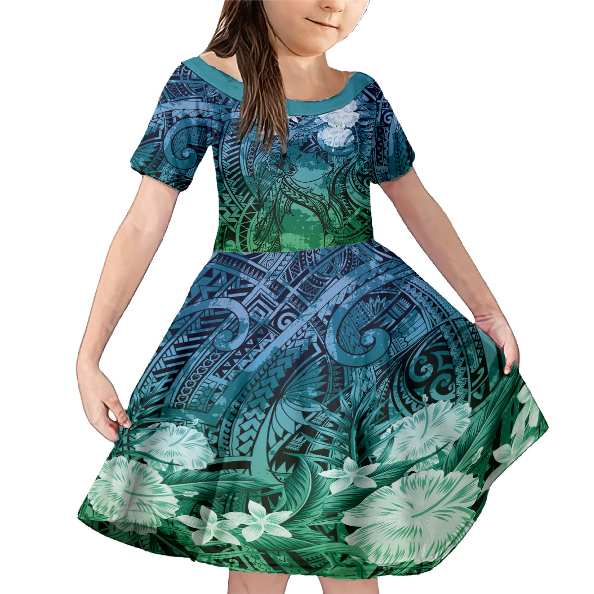 Pacific Beauty Girl Family Matching Mermaid Dress and Hawaiian Shirt Blue Polyneisan Tribal Vintage Motif LT9 Daughter's Dress Blue - Polynesian Pride