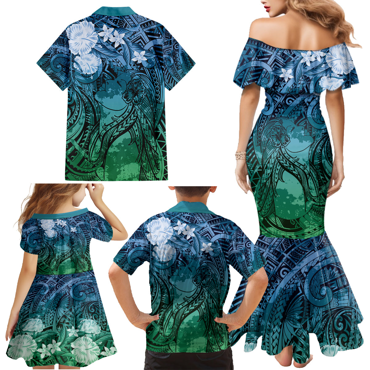 Pacific Beauty Girl Family Matching Mermaid Dress and Hawaiian Shirt Blue Polyneisan Tribal Vintage Motif LT9 - Polynesian Pride