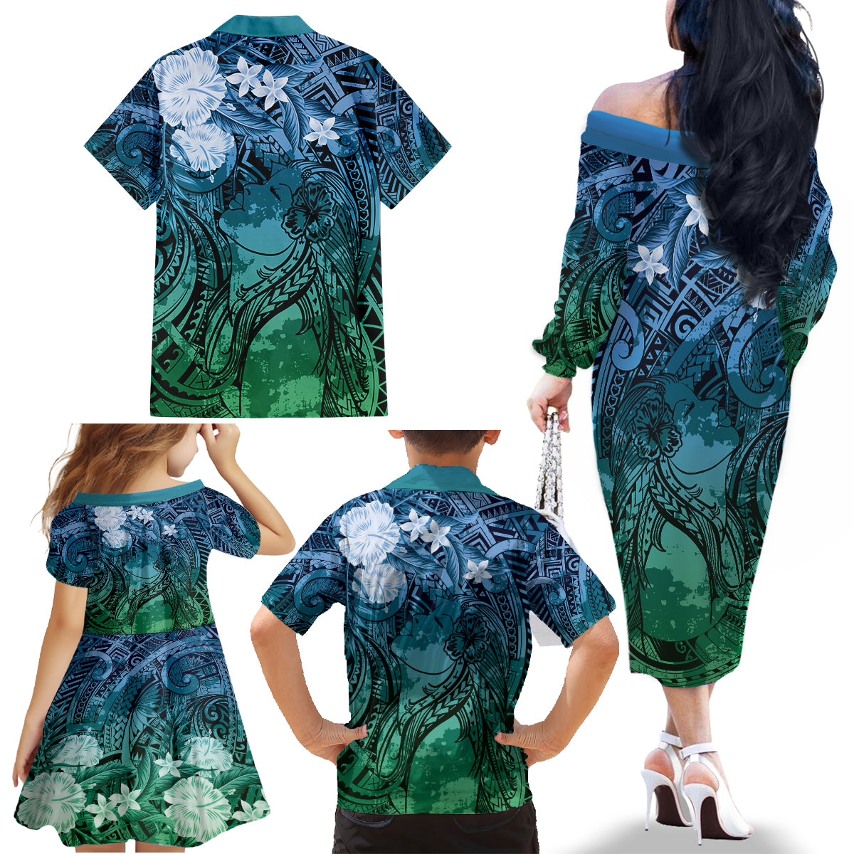Pacific Beauty Girl Family Matching Off The Shoulder Long Sleeve Dress and Hawaiian Shirt Blue Polyneisan Tribal Vintage Motif LT9 - Polynesian Pride
