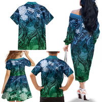 Pacific Beauty Girl Family Matching Off The Shoulder Long Sleeve Dress and Hawaiian Shirt Blue Polyneisan Tribal Vintage Motif LT9 - Polynesian Pride