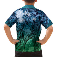 Pacific Beauty Girl Family Matching Off Shoulder Maxi Dress and Hawaiian Shirt Blue Polyneisan Tribal Vintage Motif LT9 - Polynesian Pride