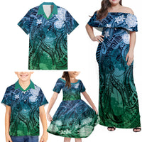 Pacific Beauty Girl Family Matching Off Shoulder Maxi Dress and Hawaiian Shirt Blue Polyneisan Tribal Vintage Motif LT9 - Polynesian Pride