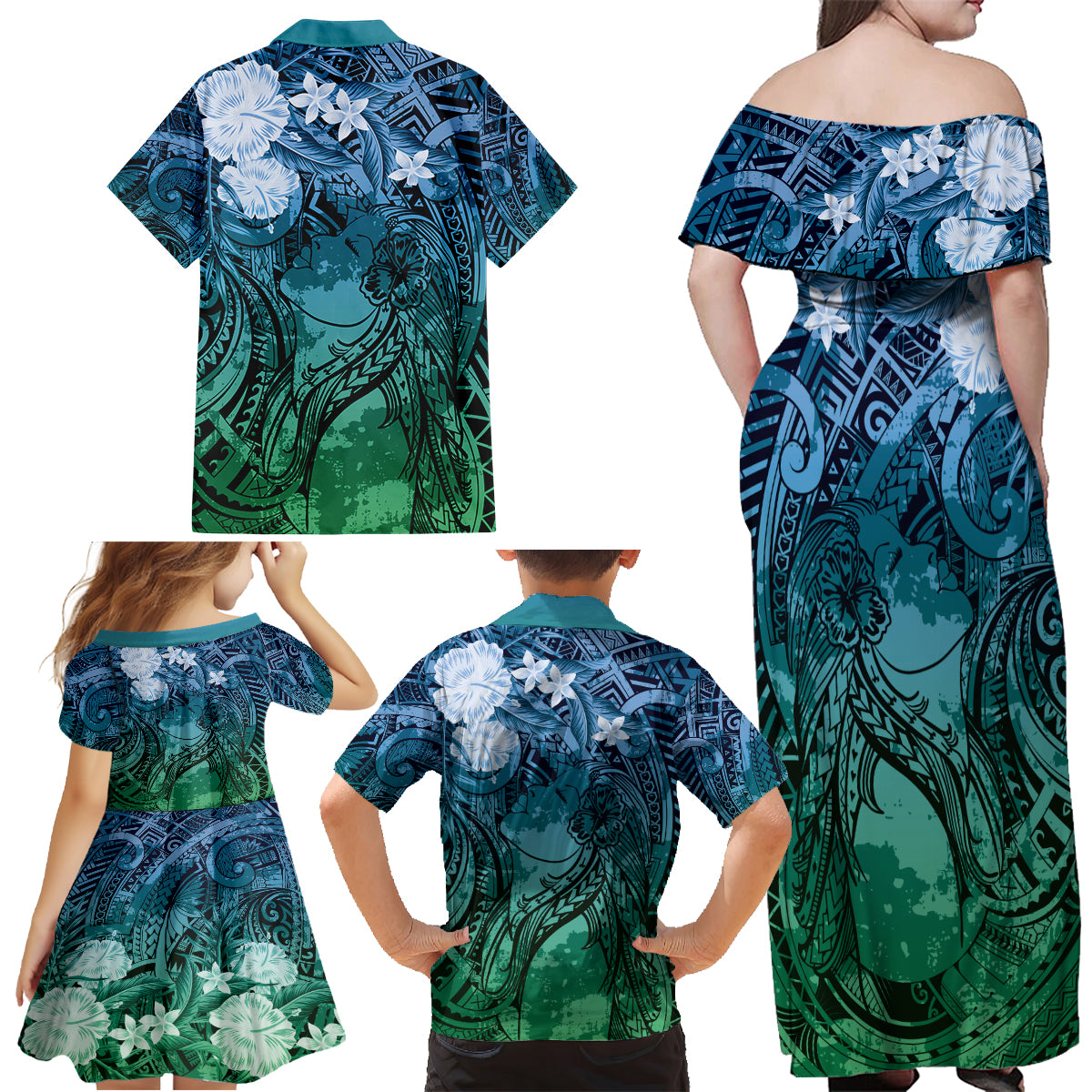 Pacific Beauty Girl Family Matching Off Shoulder Maxi Dress and Hawaiian Shirt Blue Polyneisan Tribal Vintage Motif LT9 - Polynesian Pride