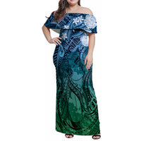 Pacific Beauty Girl Family Matching Off Shoulder Maxi Dress and Hawaiian Shirt Blue Polyneisan Tribal Vintage Motif LT9 Mom's Dress Blue - Polynesian Pride